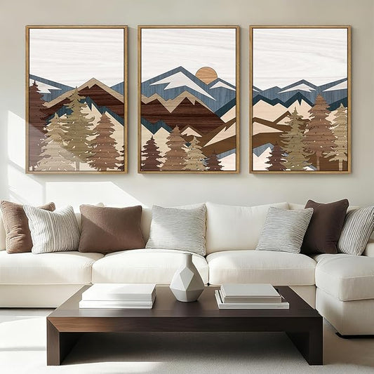 BINCUE Large Boho Mountain Canvas Framed Wall Art Set of 3 Forest Mountain Sun Wall Decor Boho Artwork for Living Room Bedroom Office 24x36 Inch Gift