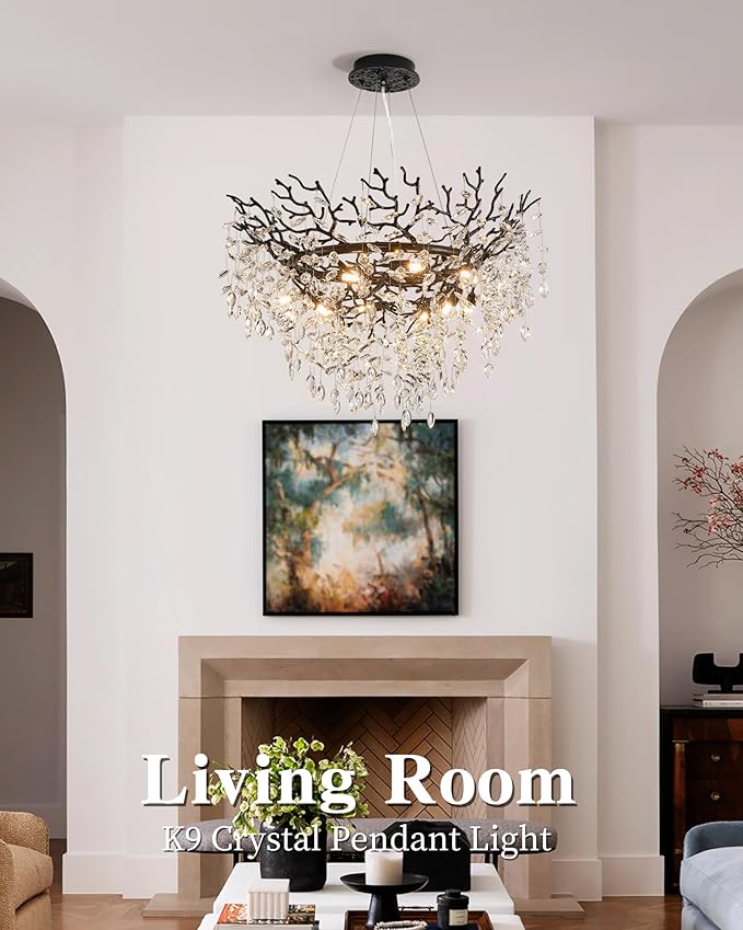 Modern Crystal Chandelier for Dining Room, 31.5" Black Tree Branch Chandeliers, 10-Light Luxury K9 Crystal Round Chandeliers for Kitchen Island Living Room