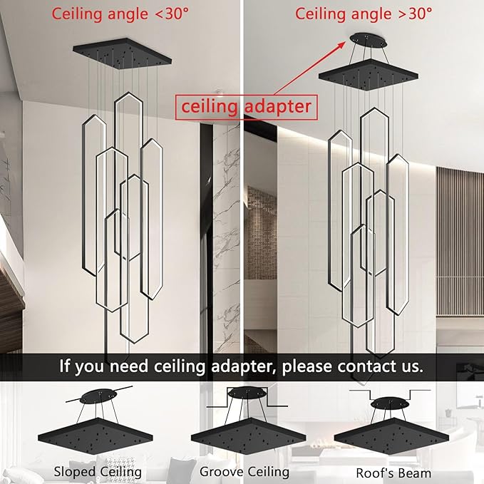 6-Rings Chandelier Modern, Black Large Contemporary LED Light for Living Room Entrance, Dimmable Flush Mount High Ceiling Chandeliers with Remote Control for Villa Foyer