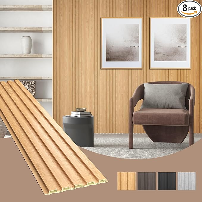 OUZUGIE WPC Acoustic Slat Wall Paneling, 8-Pack 96 x 6 Inches 3D Wall Panels for Interior Wall Decor,Living Room,TV Background,Study Room,Office Spaces,Bedroom,Low Grille (Oak)
