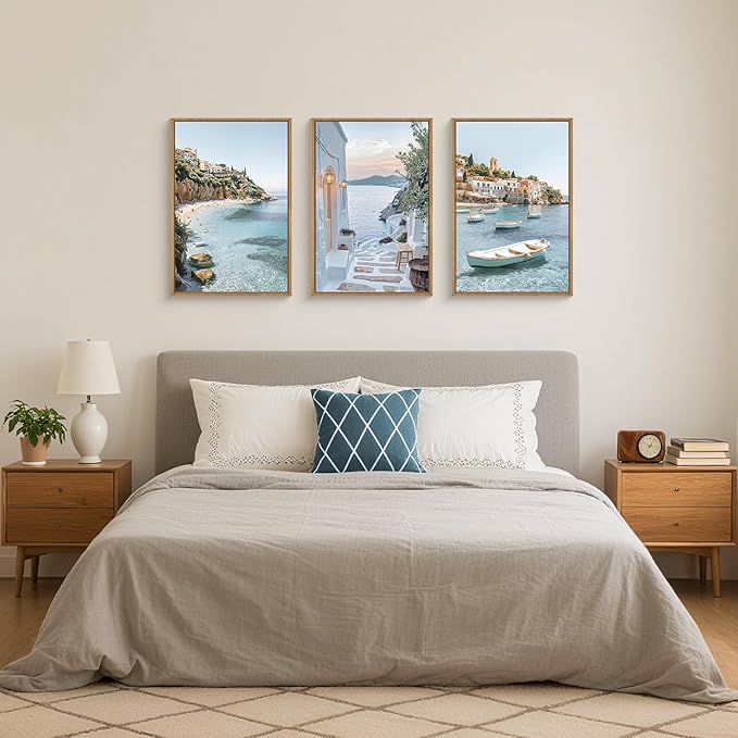 Natural Coastal Ocean Framed Canvas Wall Art Set,Modern Whitewashed Architecture Scenery Wall Decor, Mediterranean Beach Boat Landscape Artwork for Living Room, Bedroom,Farmhouse- 24"x36"x3