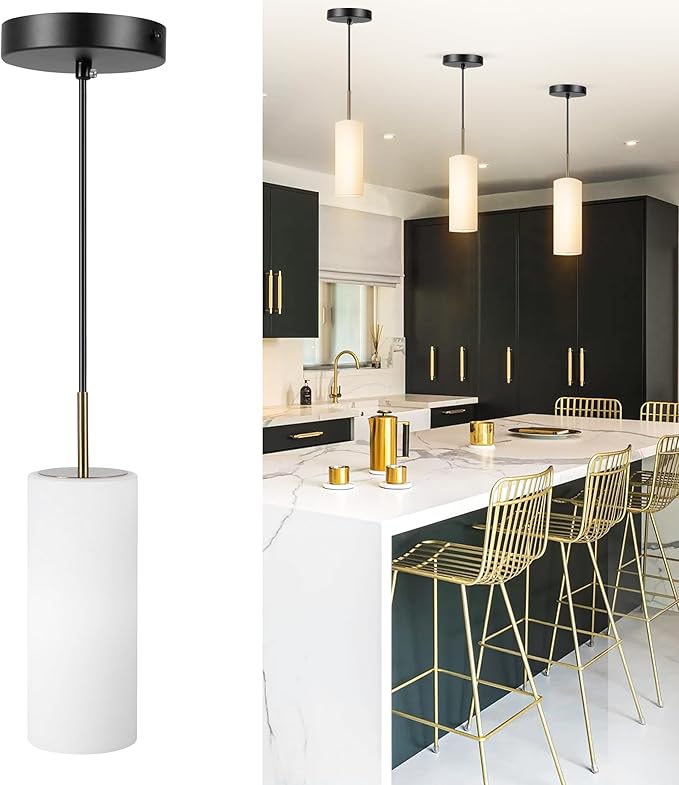 Luxury Black Pendant Light with Gold Finish and Warm White Bulb Included Adjustable Height - Farmhouse Pendant Light with Durable Glass for Dining Room Bedroom Office Bar Entryway