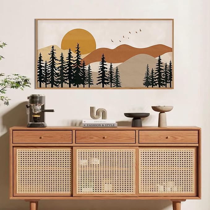 Boho Mountain Framed Canvas Wall Art Set,Nature Forest Pine Tree Wall Decor,Mid Century Sunset Landscape Artwork for Living Room,Bedroom-20 x40