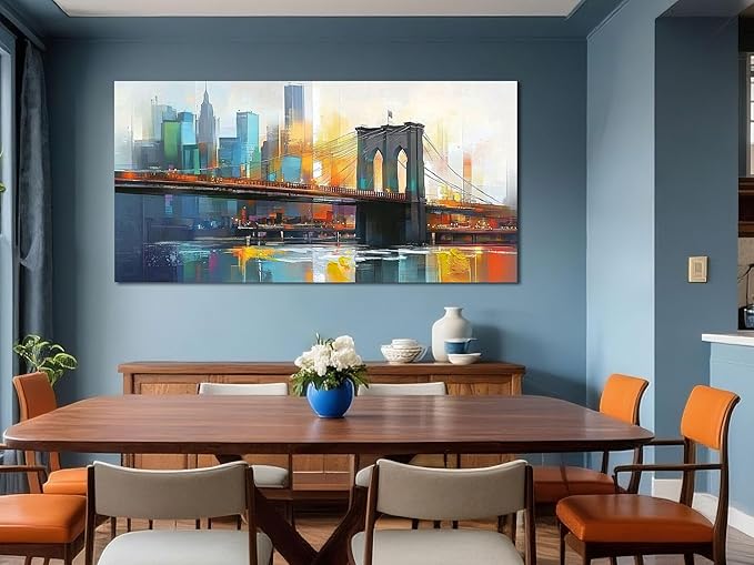 Arjun Cityscape Wall Art New York City Canvas for Living Room Painting Brooklyn Bridge Manhattan Bedroom Wall Art for Men Modern Picture Artwork Framed Home Office Wall Decor, Extra Large 58"x29"