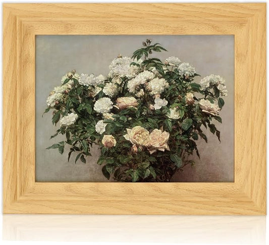 Brivoria Framed Canvas Wall Art Vintage Decor, Realistic Botanical Artwork with White and Pink Rose Bush in Bloom and Soft Background for Kitchen Bedroom Tabletop Display or Shelf Decor, 8"x10"