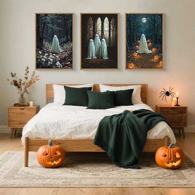 Ausril 3Pc Halloween Cute Ghost Framed Wall Art Set, Scary Forest and Pumpkin Wall Decor, Horror Moon Night Wall Painting, Gothic Spooky Art Print for Living Room, Bedroom, Party, Basement 24×36inch