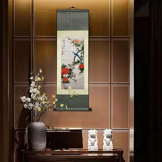 AtfArt Asian Wall Decor Beautiful Silk Scroll Painting Birds and Flowers - Bird Language Flower Fragrant Oriental Decor Chinese Art Wall Scroll Wall Hanging Painting Scroll (36.2 x 12 in)