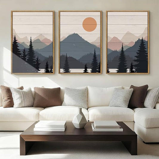 Anyzal Large Mountain Wall Art Decor Framed Boho Mountain Artwork Prints for Bedroom Living Room Office 16x24 Inch Set of 3