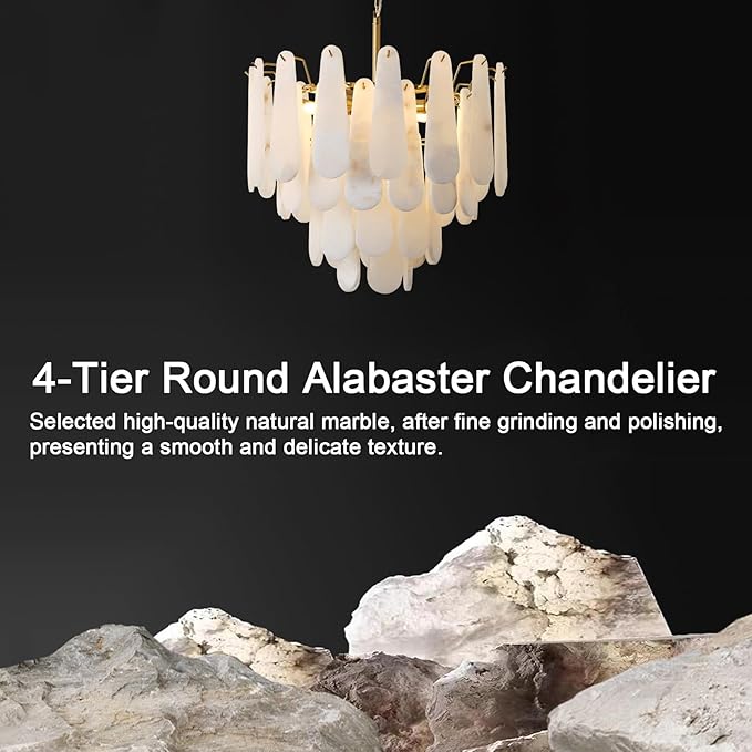 Alabaster Chandelier, D23.6in Modern Alabaster Round Dining Room Chandelier, 4-Tiers Luxury Natural Stone Ceiling Light Fixture, White Marble Chandeliers for Living Room Bedroom Foyer Entryway Kitchen