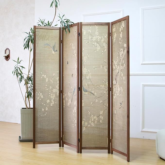 4 Panel Room Divider Screen and Folding Panel Screen,Double Sided Bamboo Divider for Room Separation,White Plum and Birds,67" H x 63" W,67" H x 63" W