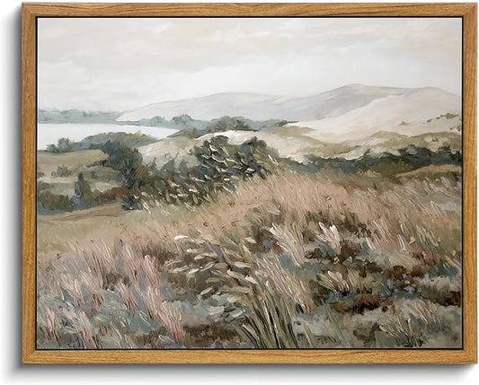 KISSFOX Vintage Landscape Canvas Wall Art Neutral Farmhouse Hills Lake Framed Wall Art Serene Countryside Paintings Artwork Rustic Art Prints For Bedroom Living Room