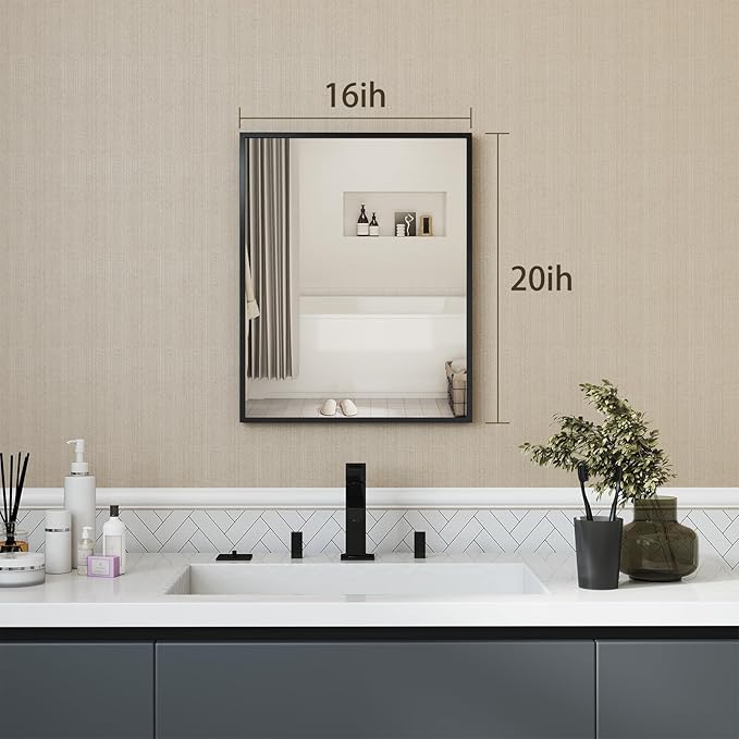 Bathroom Vanity Mirror for Over Sink Wall, Rectangle Farmhouse Mirror with Matte Black Metal Framed and HD Tempered Glass, Modern Square Mirror Hangs Horizontally or Vertically
