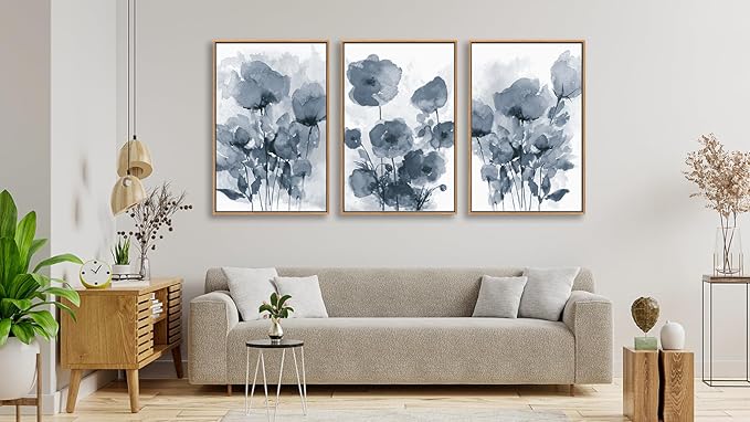 arteWOODS Botanical Framed Wall Art - Abstract Watercolor Style Pictures Grey Blue Floral Wall Decor Minimalist Prints Aesthetic Flowers Painting Artwork 16" x 24" Set of 3 Natural Framed