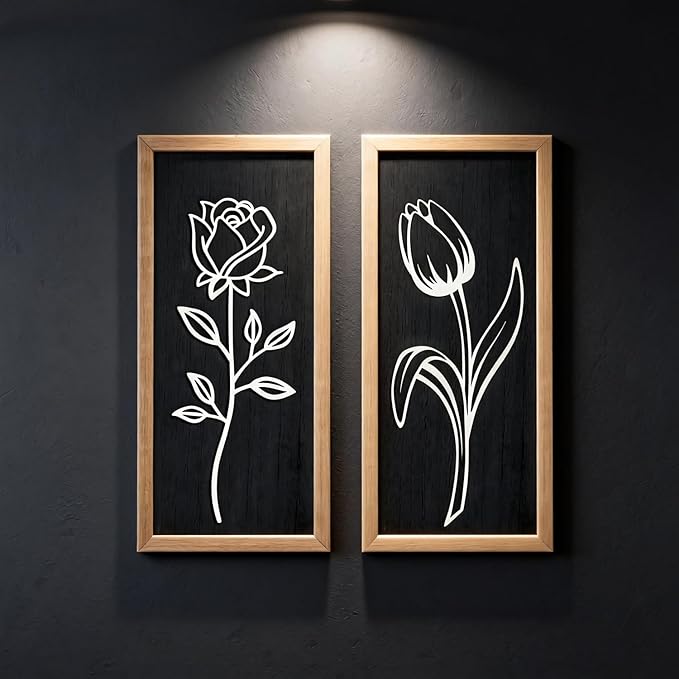 3D Wooden Black and White Floral Framed Wall Decor of 2, 7"X16" Farmhouse Vintage Boho Minimalist Flower Wall Art for Living Room, Rustic Retro Moody Vertical Tulip Rose Botanical Wall Sculptures