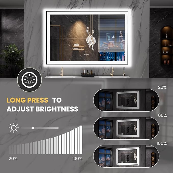 LOAAO 55"X36" LED Bathroom Mirror Black Framed, Anti-Fog, Dimmable, Lighted Bathroom Vanity Mirror for Wall, Memory Function, Tempered Glass