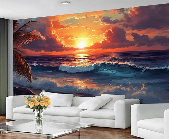 Coastal Mural Wallpaper, Ocean Sunset Murals, Cartoon Palm Trees Murals Wallpaper for Living Room Bedroom Home Decor Mural - 110" W x 87" H (Not Peel Stick)