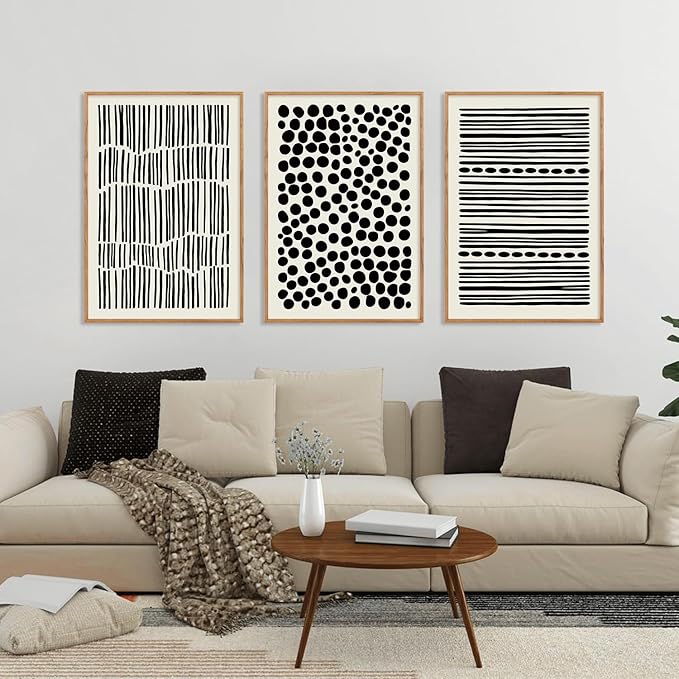 KAIRNE 3Pcs Black and White Boho Framed Canvas Wall Art Set, Minimalist Geometric Line Wall Decor, Abstract Black Wall Painting, Modern Neutral Art Print for Living Room, Bedroom, Kitchen 24x36inch