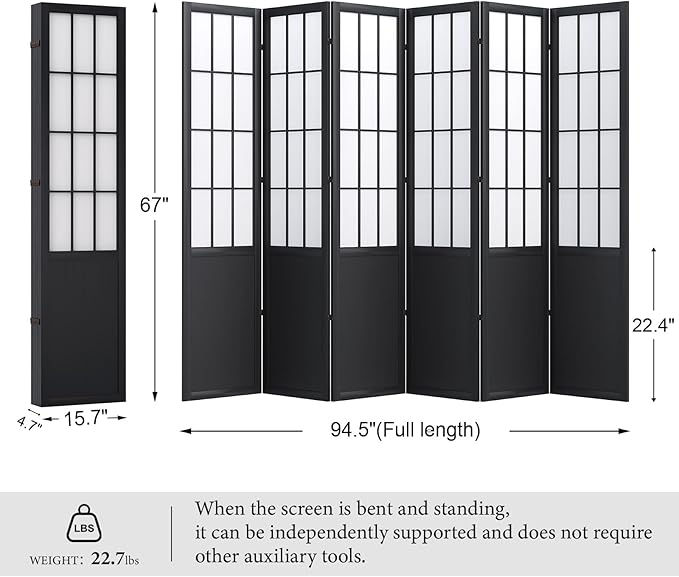 5.6FT Room Divider and Folding Portable Partition Screen, Chinese Japanese Shoji Style for Room Separation - 6 Panel (Black)