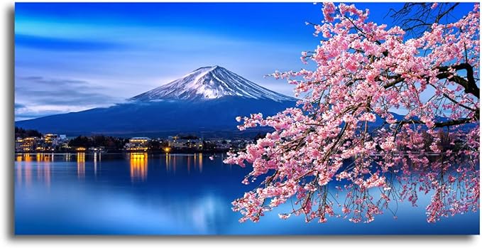 Aibonnly Wall Art Canvas Painting Cherry Blossoms Mount Fuji 1 Piece Mount Fuji and the Sakura Blossoming Lake Picture Poster Print Framed and Stretched Ready to Hang for Living Room Bedroom