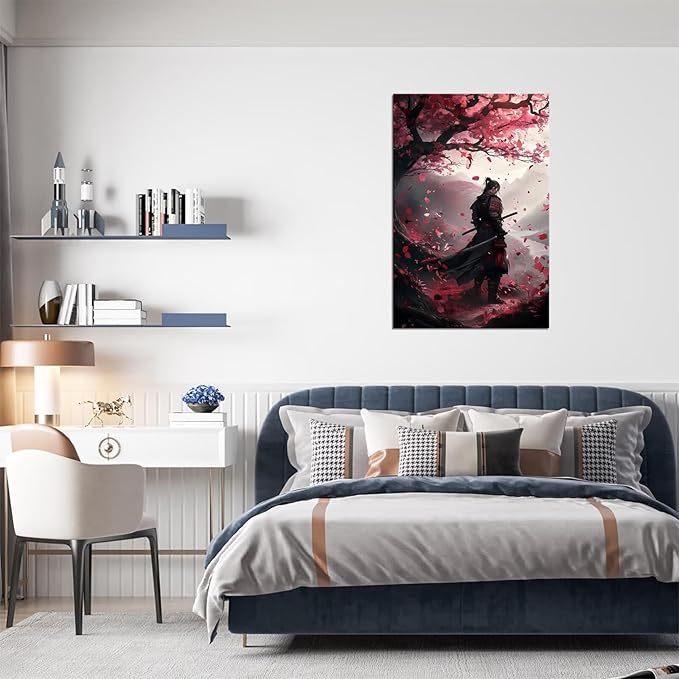 Japanese Samurai Wall Art Japan Warrior Plum Painting Canvas Prints Black and Red Picture Modern Watercolor Painting for Bedroom Living Room Office Home Decoration Framed (12''W x 16''H)