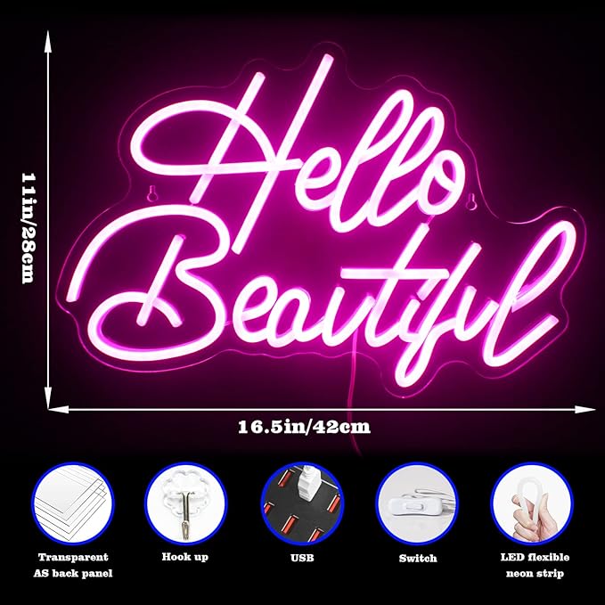 Looklight Hello Beautiul Neon Sign Wedding Neon Lights for Wall Decor Pink Led Lights Up Connectivity Wedding Engagement Birthday Party Girls Bedroom Gifts for Lovers