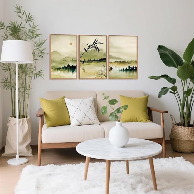 CHDITB Zen Landscape Framed Canvas Wall Art Set, Green Ink Wash Wall Decor, Mountain Lake Bamboo Art Spiritual Wall Painting, Vintage Ink Wash Art Prints for Living Room, Bedroom, Office-16 x24 x3