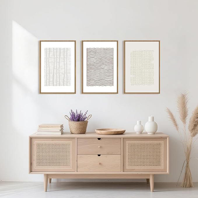 Large Abstract White and Beige Framed Canvas Wall Art,Geometric Dot and Line Wall Decor,Modern Wave Lines Artwork,Neutral Minimalist Shapes Art Print for Living Room,Bedroom,Office- 24"x36"x3