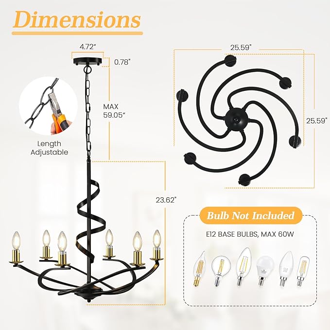 Black and Gold Chandelier, 6-Light Farmhouse Chandeliers for Dining Room, Rustic Kitchen Island Lighting, Modern Chandelier for Living Room, Hanging Pendant Lights for Bedroom, Foyer, Staircase, Entry