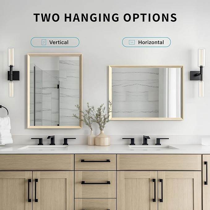 Oak Wood Effect Framed Wall Mirror, 20x30 Rectangle Mirror, 1/8" Anti-desilvering Tempered Glass, Sustainable& Sturdy Frame, Anti-Rust, HD Reflection &3min Fast Setup for Bathroom Living Room