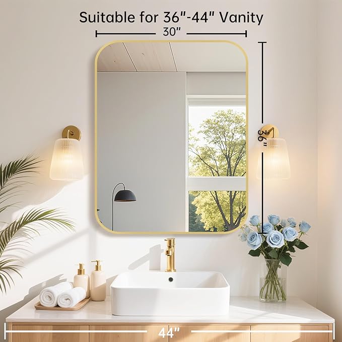 30x36 Inch Gold Bathroom Mirror, Brushed Gold Metal Framed Rectangular Mirror with Rounded Corner, Bathroom Vanity Mirror for Bedroom or Living Room, Horizontal/Vertical