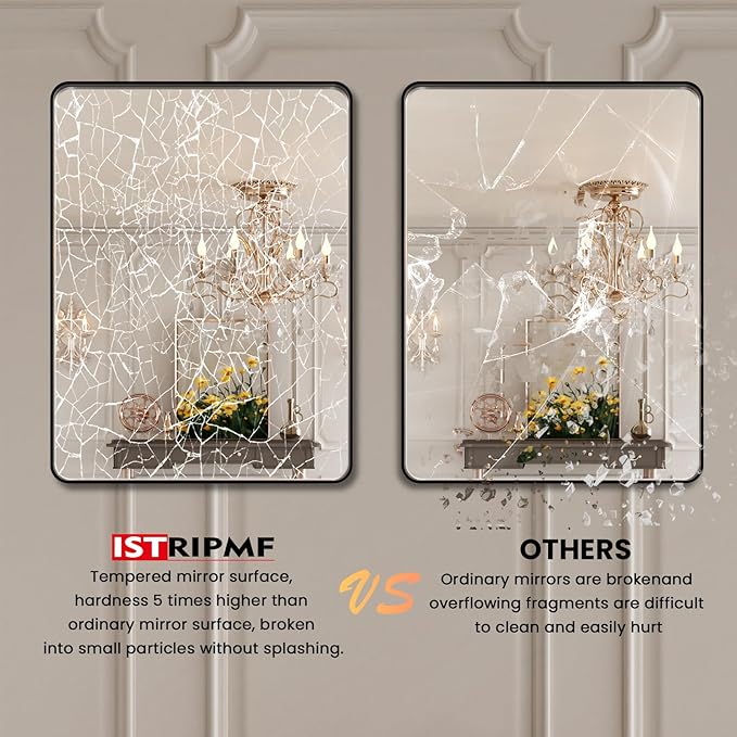 Black Bathroom Mirror 20x30 Inch,Bathroom Vanity Mirror for Wall,Rectangular Round Corner Black Metal Framed Mirror(Horizontal/Vertical)