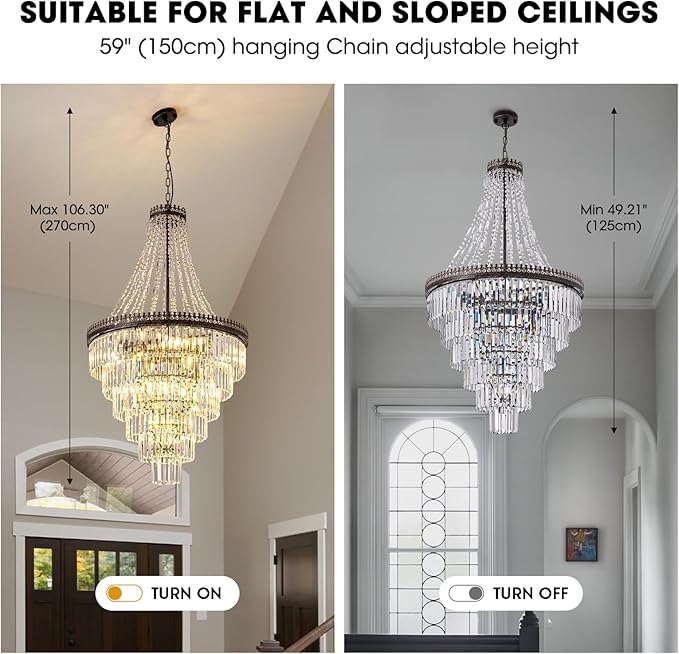 7PM French Empire Crystal Chandelier, Large Vintage Chandelier for High Ceiling, 6-Tier Antique Bronze Lighting, Farmhouse Ceiling Light Fixture for Foyer, Entryway, Living Room, 28" Wx48''H