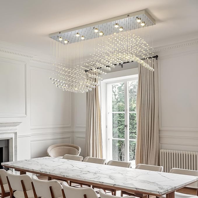 Modern Rectangle Crystal Raindrop Chandelier: 47" Long Chrome Dimmable Led High Ceiling Chandeliers with Remote - Silver Wave Raindrop Flush Mount Ceiling Light Fixture for Dining Living Room Kitchen