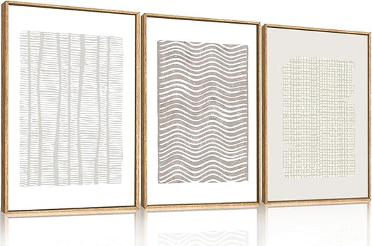 Large Abstract White and Beige Framed Canvas Wall Art,Geometric Dot and Line Wall Decor,Modern Wave Lines Artwork,Neutral Minimalist Shapes Art Print for Living Room,Bedroom,Office- 16"x24"x3