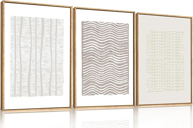 Large Abstract White and Beige Framed Canvas Wall Art,Geometric Dot and Line Wall Decor,Modern Wave Lines Artwork,Neutral Minimalist Shapes Art Print for Living Room,Bedroom,Office- 24"x36"x3