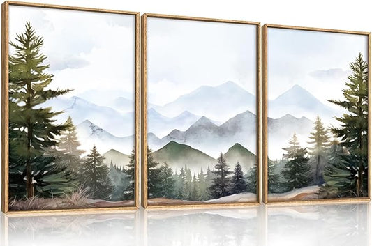 KAIRNE Framed Mountain Canvas Wall Art Set, Misty Forest Wall Decor, Green Pine Tree Wall Painting, Nature Widerness Landscape Art Print for Living Room, Bedroom, Study, Gallery - 16"x24"x3