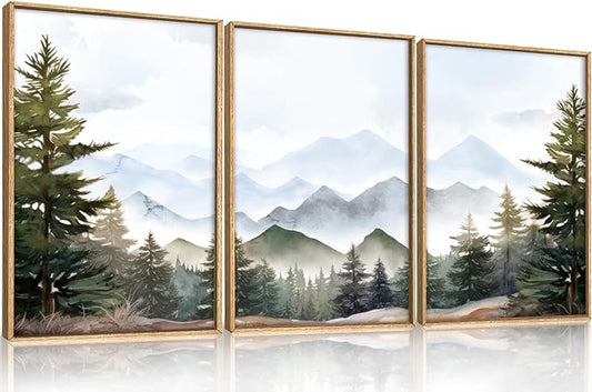 KAIRNE Framed Mountain Canvas Wall Art Set, Misty Forest Wall Decor, Green Pine Tree Wall Painting, Nature Widerness Landscape Art Print for Living Room, Bedroom, Study, Gallery - 24"x36"x3