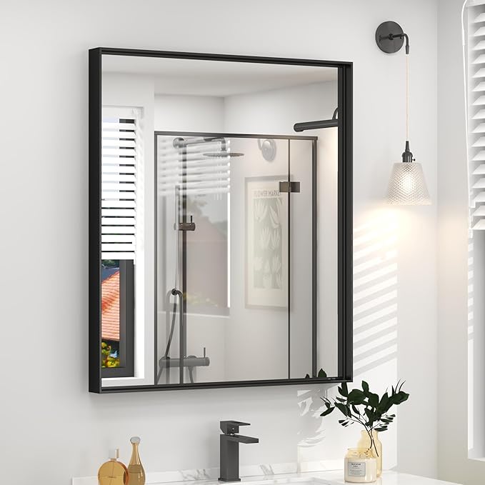28x32 Inch Black Rectangle Bathroom Mirror, Matte Black Framed Vanity Mirror for Wall, Square Corner, Anti-Rust, Hangs Horizontally or Vertically