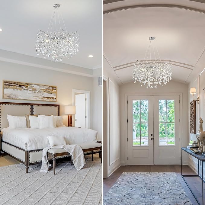 Modern Round Crystal Chandeliers, 30" Crystal Chandeliers for Dining Room,Silver Tree Branches Chandelier, for Living Room,High Ceiling,Foyer,Entryway,Kitchen Island