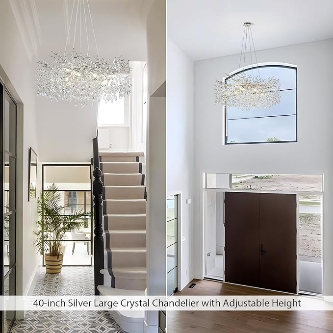 Modern Crystal Chandeliers for Dining Room, 40" Round Silver Tree Branches Chandeliers, Large Dining Room Over Table Chandeliers Lights Fixture, Branches and Crystals Ceiling Light Fixtures