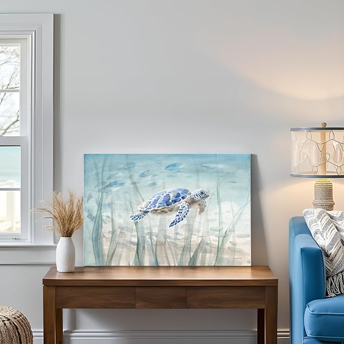 Ocean Wall Decor Blue Turtle Canvas Art Sea Grass Pictures Coastal Print Painting Nautical Artwork For Home Office Ready to Hang 36x24 Inch
