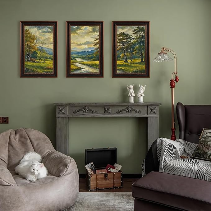 Large Watercolor Mountain Forest Framed Canvas Wall Art,Vintage River Grassland Wall Decor,Green Wilderness Field Artwork,Boho Botanical Art Print for Living Room,Bedroom,Office- 16"x24"x3