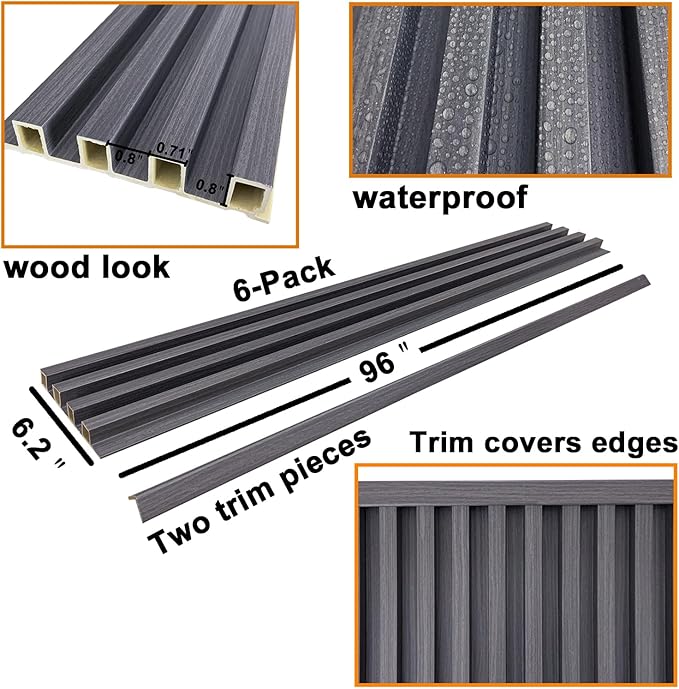 6-Pack Slat Wall Panel with 2 Trims Wood Grain Slat Wall 96" x 6.2" WPC Slats 3D Wall Panels Grey Grille