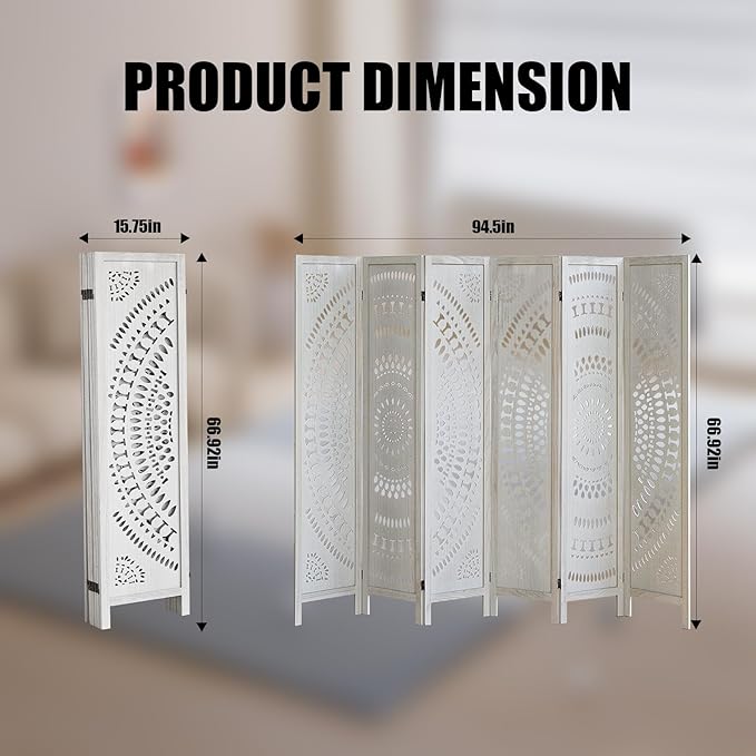 6 Panel Wood Room Divider Fully Assembled, Decorative Room Dividers and Folding Screens, 5.6Ft Room Divider Screen Freestanding Partition Wall Dividers for Home Bedroom Office, White