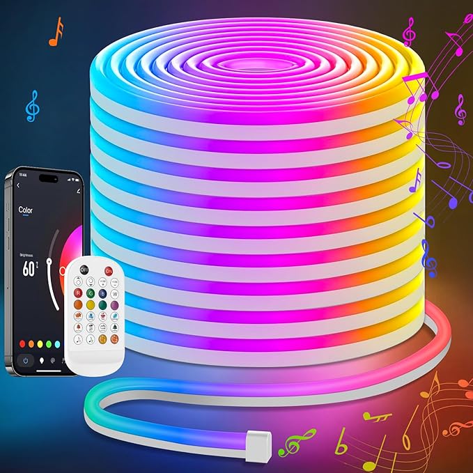 Lamomo 65.6Ft LED Strip Lights, RGB Neon Rope Light with App Remote Control, Music Sync Color Changing Waterproof Flexible Led Light Strip, Cuttable Gaming 24V Neon Lights for Bedroom Indoor