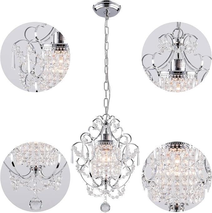 Mini Chandelier Light Fixture,Modern Chrome Crystal Ceiling Light Fixtures 1 Light Small Chandeliers for Bathroom,Farmhouse Pendant Lighting for Girls Room Dining Room Closet Kitchen Island