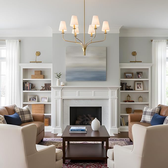 30" Modern Gold Chandelier for Dining Room, 6-Light Brushed Brass Pendant Light Fixture with White Fabric Shade,Mid Century Ceiling Lighting for Living Room Bedroom Kitchen Island, E12