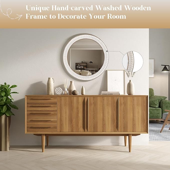 24 inch Round Rustic Wooden Mirrors, Distressed Circle Mirror for Bathroom, Bedroom, Living Room, Entryway, Fireplace, Hall