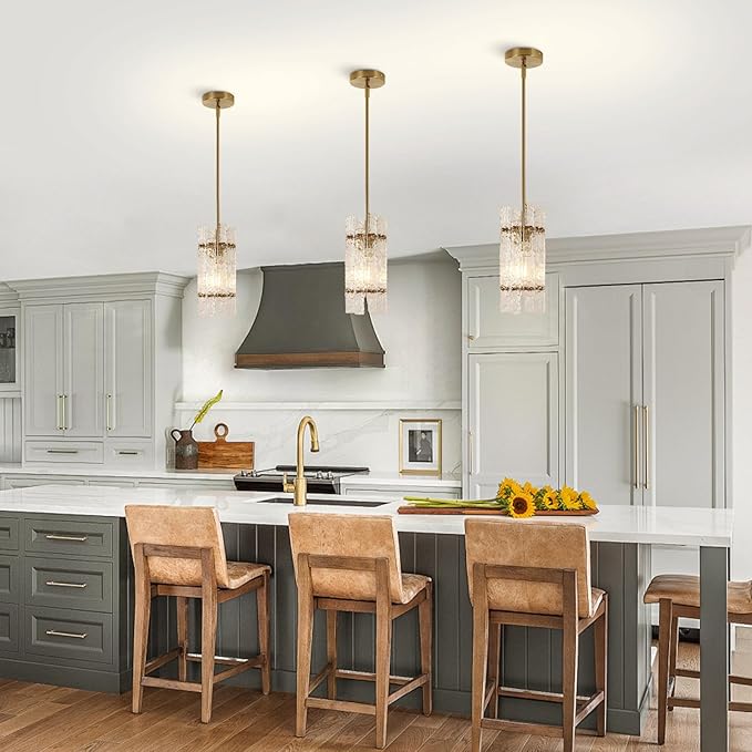 Modern Gold Crystal Pendant Light for Kitchen Island, Luxury Mini Water Ripple Glass Chandelier Lights Fixture, E26 Square Adjustable Hanging Pendant Lighting for Dining Room Bedroom (1-Pack)