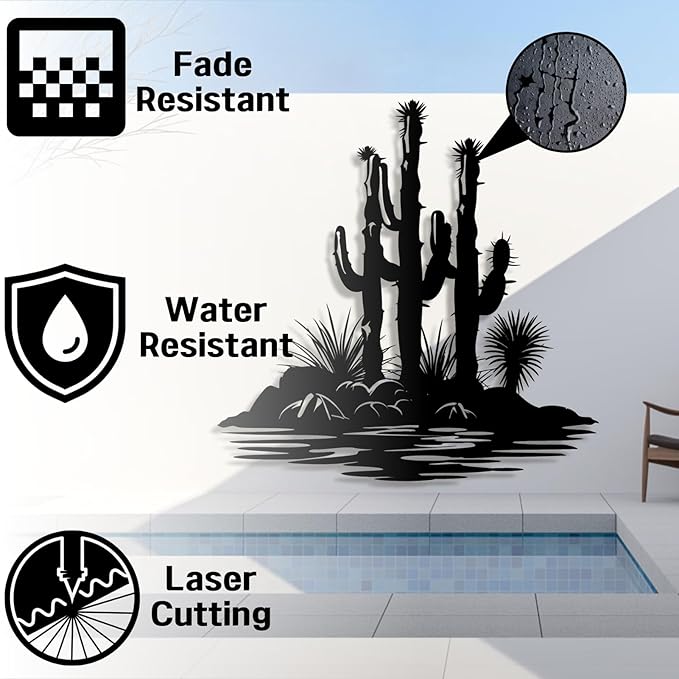 Lunwall Metal Cactus Wall Art, Southwestern Wall Decor, 24 L" x 24 W" / 60 x 60 cm, Black, Wall Mount, Living Room, Bedroom, Office, Bathroom, Kitchen